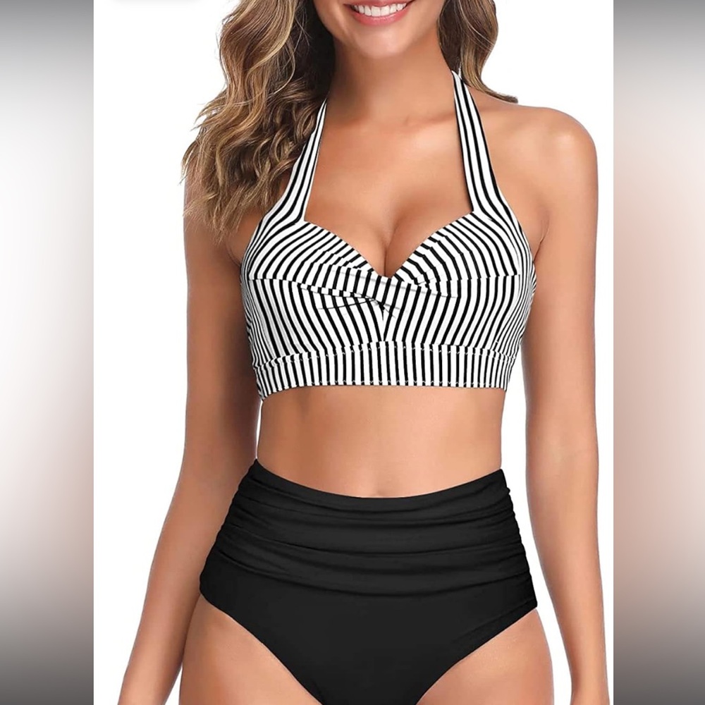 Tempt Me Women Two Piece Vintage Swimsuit Retro Halter Ruched High Waist Bikini